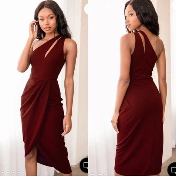 Lulu's One-Shoulder Wine elegant Midi Dress - Picture 2 of 13